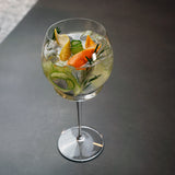 Backdoor '20s Gin & Tonic glass filled with a clear cocktail mixed with cucumbers, orange twist and rosemary standing on a grey surface