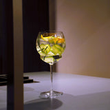 Backdoor '20s Gin & Tonic glass filled with a clear cocktail mixed with cucumbers, orange peel and rosemary standing on a grey surface and a neutral background