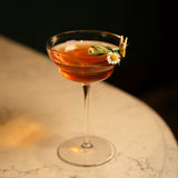 Backdoor '20s Hemmingway Special Cocktail Glass filled with warm brown cocktail garnished with a wooden clip holding a white dandelion on a light marble surface and a dark background