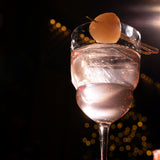 Close-up of Backdoor '20s Barracuda Cocktail Glass bowl filled with a clear cocktail and garnished with a Lychee on a dark background