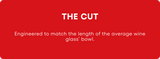 Red background with 'THE CUT' branding and text about wine glass compatibility.