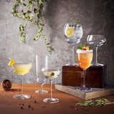 Six stemmed glasses of different shapes from the Backdoor '20s collection filled with cocktails and standing on a wooden table and boxed decorated with rosemary and spices