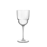 A clear Backdoor '20s Barracuda cocktail glass with a stem, and thin rims on a white background