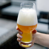 Hand holding Birrateque IPA Beer Glass half filled with light beer on a blurred grey background
