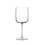A clear Grandioso Merlot wine glass with a long stem, suitable for serving red wine on a white background