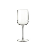 A clear Grandioso Chardonnay white wine glass with a long stem, made from high-tech crystal glass on a white background