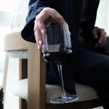 Person holding a glass of red wine indoors