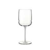 A clear Grandioso Pinot Nero red wine glass with a long stem, made from high-tech crystal glass on a white background