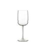 A clear Grandioso Riesling white wine glass with a long stem, made from high-tech crystal glass on a white background