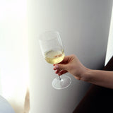 Hand holding a glass of white wine against a neutral background
