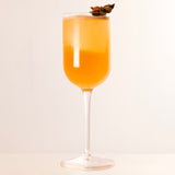 Jazz Negroni Cocktail Glass filled with a bright orange cocktail and garnished with dry Anise on a light background