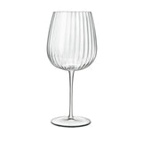 A clear, sophisticated Jenever Gin glass with vertical ridges, featuring a thin stem and flat foot on a white background
