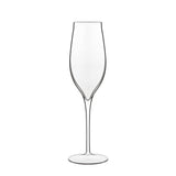 A clear Vinea Prosecco flute glass for sparkling wine with a tapered design, and a thing pulled stem, made from high-tech crystal glass