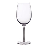 A clear, Vinoteque Ricco red wine glass with a round shape and a long stem and flat foot, made from high-tech crystal glass on a white background