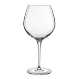A clear, Vinoteque Robusto Red Wine Glass with a round shape and a long stem and a flat foot, made from high-tech crystal glass on a white background