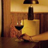 Hand holding Vinoteque Riserva Red Wine glass filled with red wine and standing on a wooden table, wooden wall in and a table lamp the background