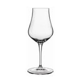 A clear Vinoteque Snifter glass with a long stem and a narrow tulip bowl, designed for spirits tasting made from high-tech crystal glass on a white background