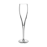 A clear empty sparkling wine flute with a long stem and a narrow bowl, made from high-tech crystal glass standing on a white background