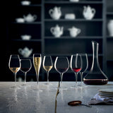 Different glasses and a wine decanter from the Vinoteque collection filled with different wine types standing on a light wooden table and a blurred background
