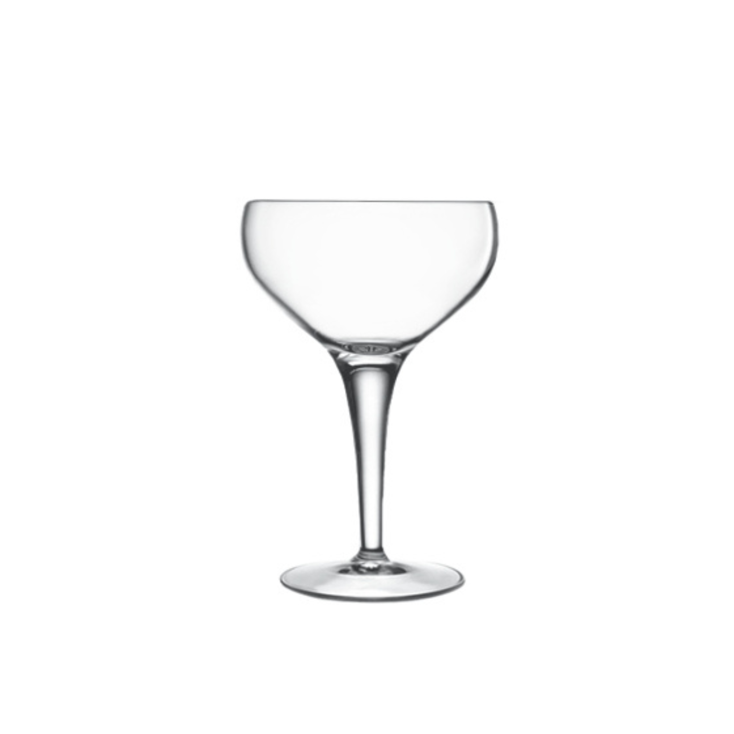 A clear Michelangelo Professional Champagne Coupe glass by Luigi Bormioli on a white background