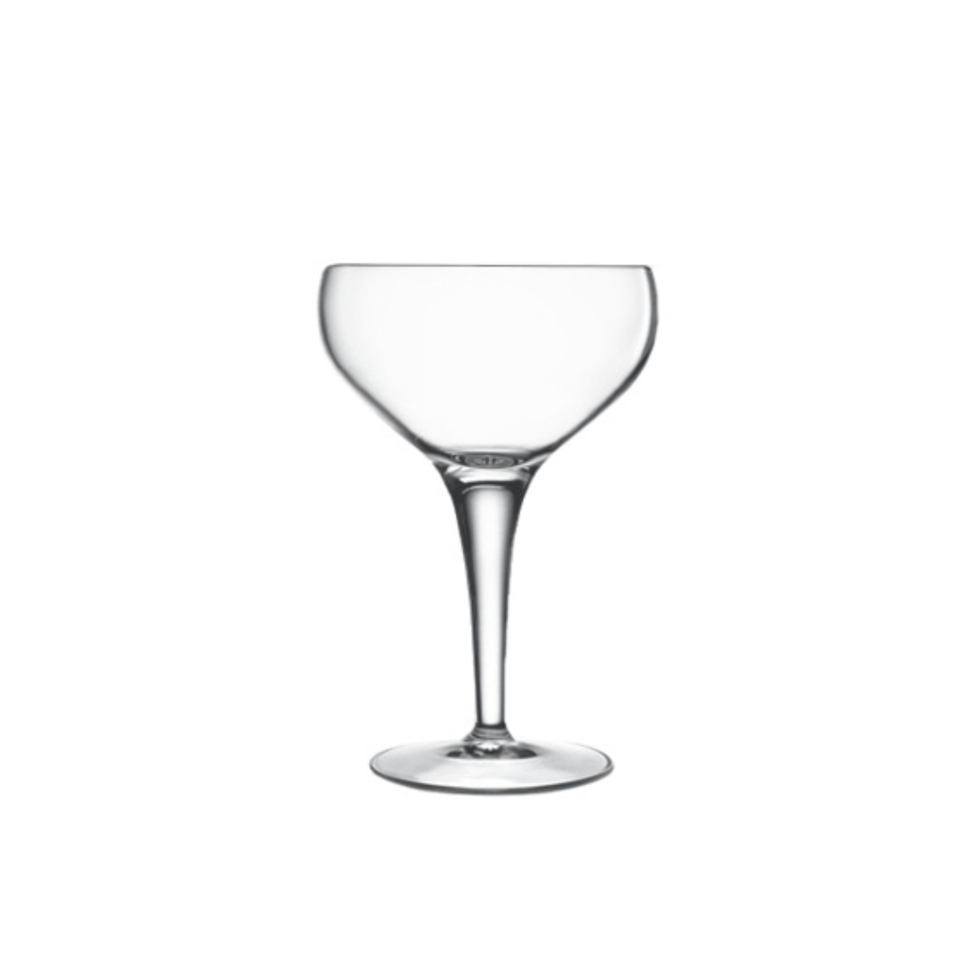 A clear Michelangelo Professional Champagne Coupe glass by Luigi Bormioli on a white background