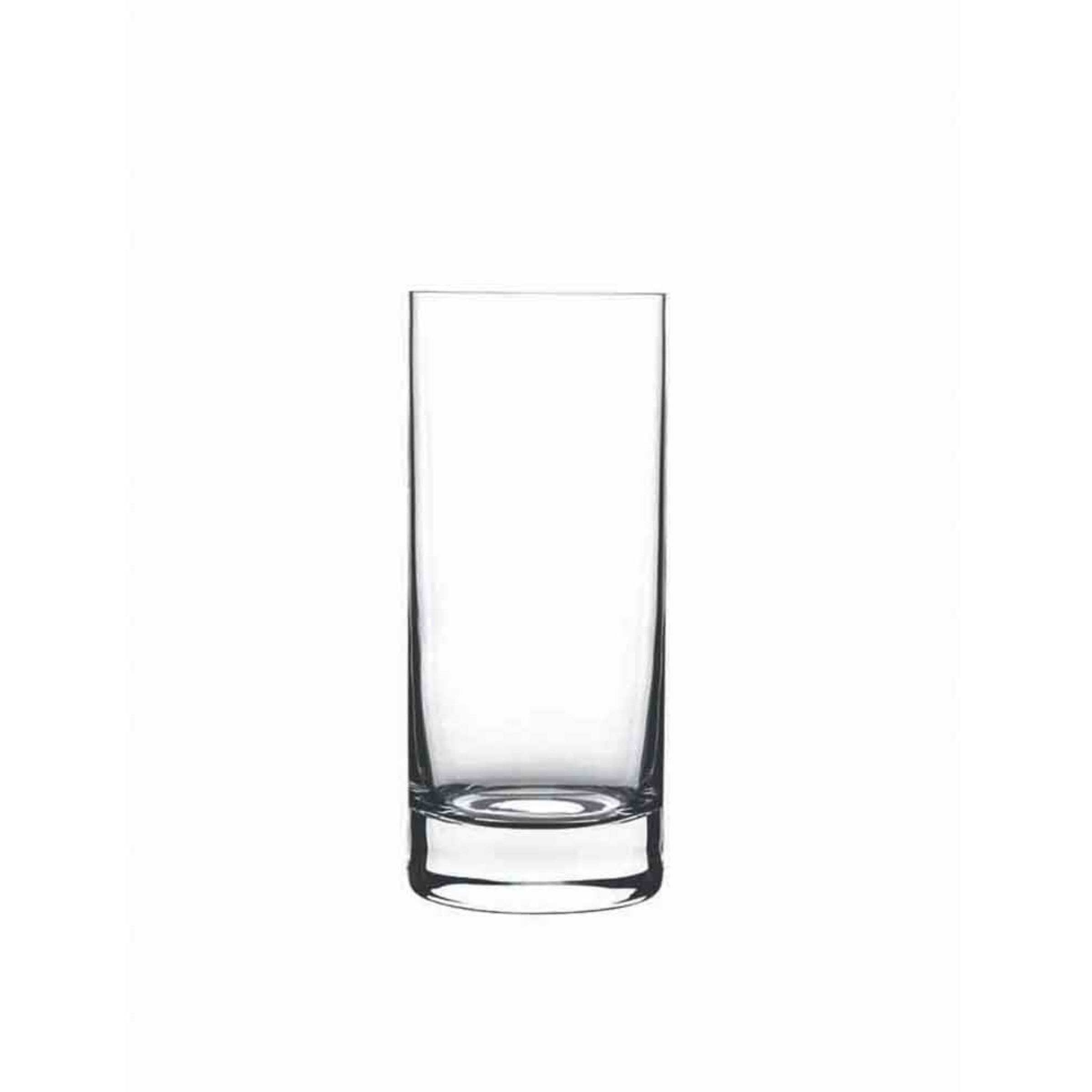 A clear Classico Long Drink Highball glass by Luigi Bormioli on a white background
