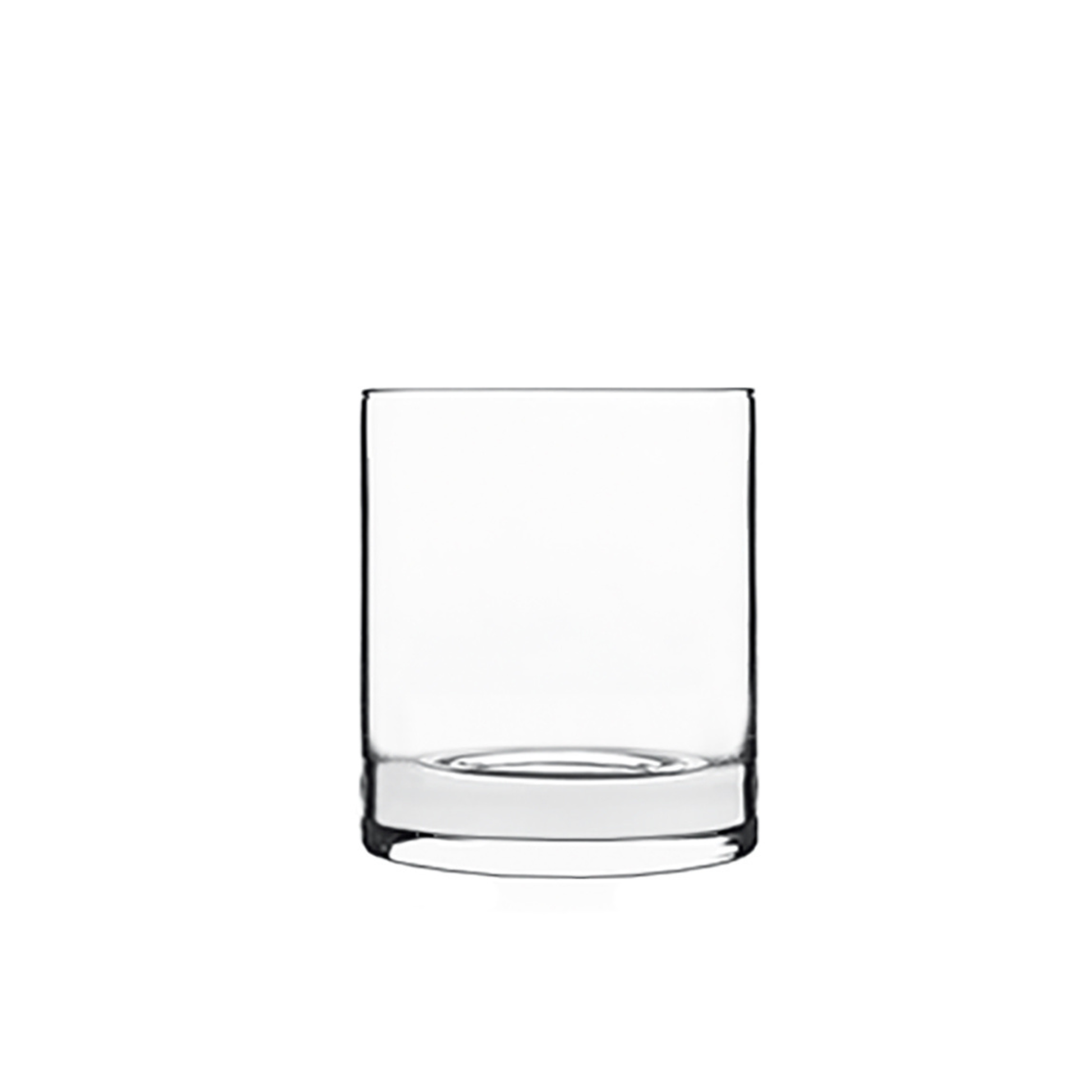 A clear Classico Water / Rocks glass by Luigi Bormioli on a white background