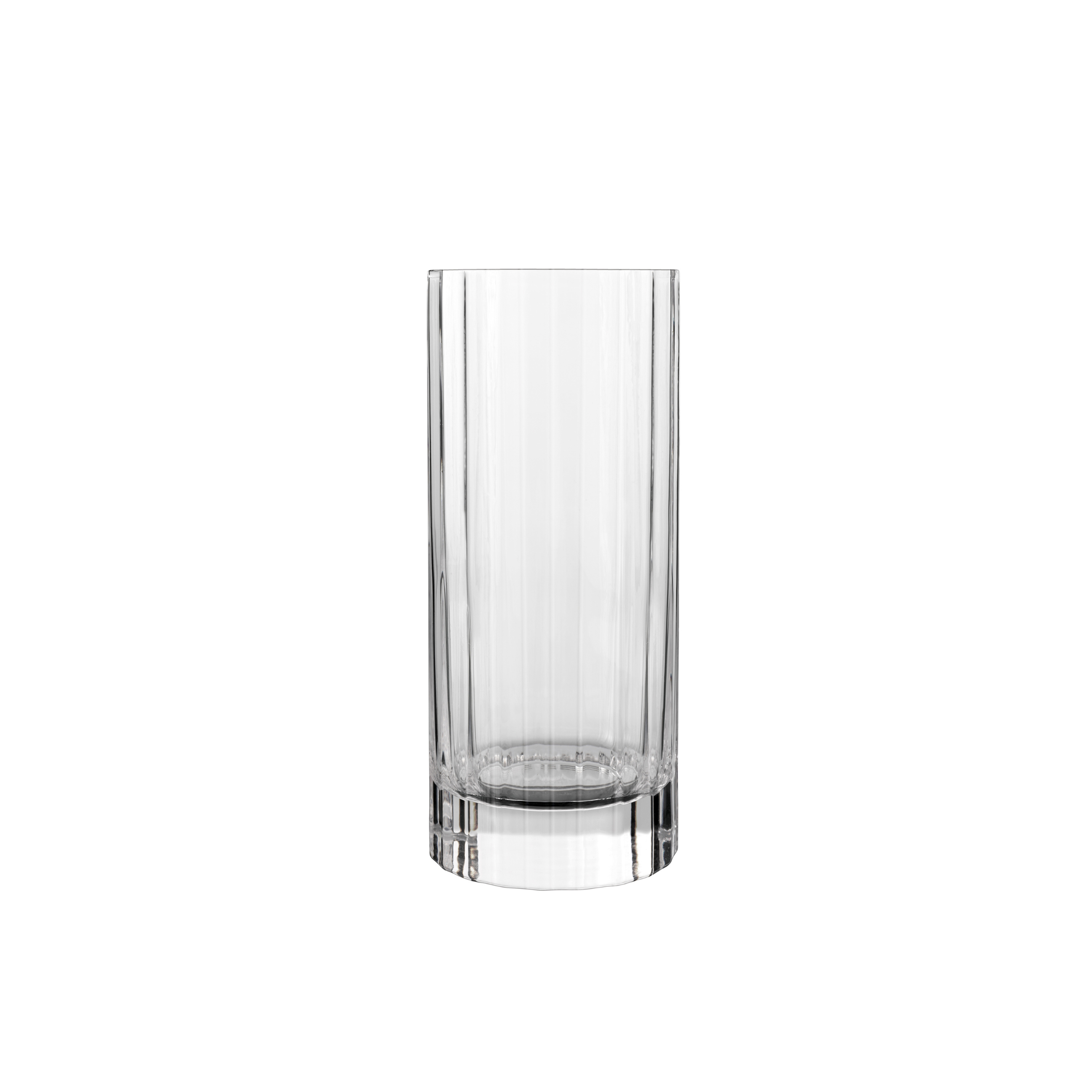 A clear Bach Aperitivo Highball glass by Luigi Bormioli on a white background