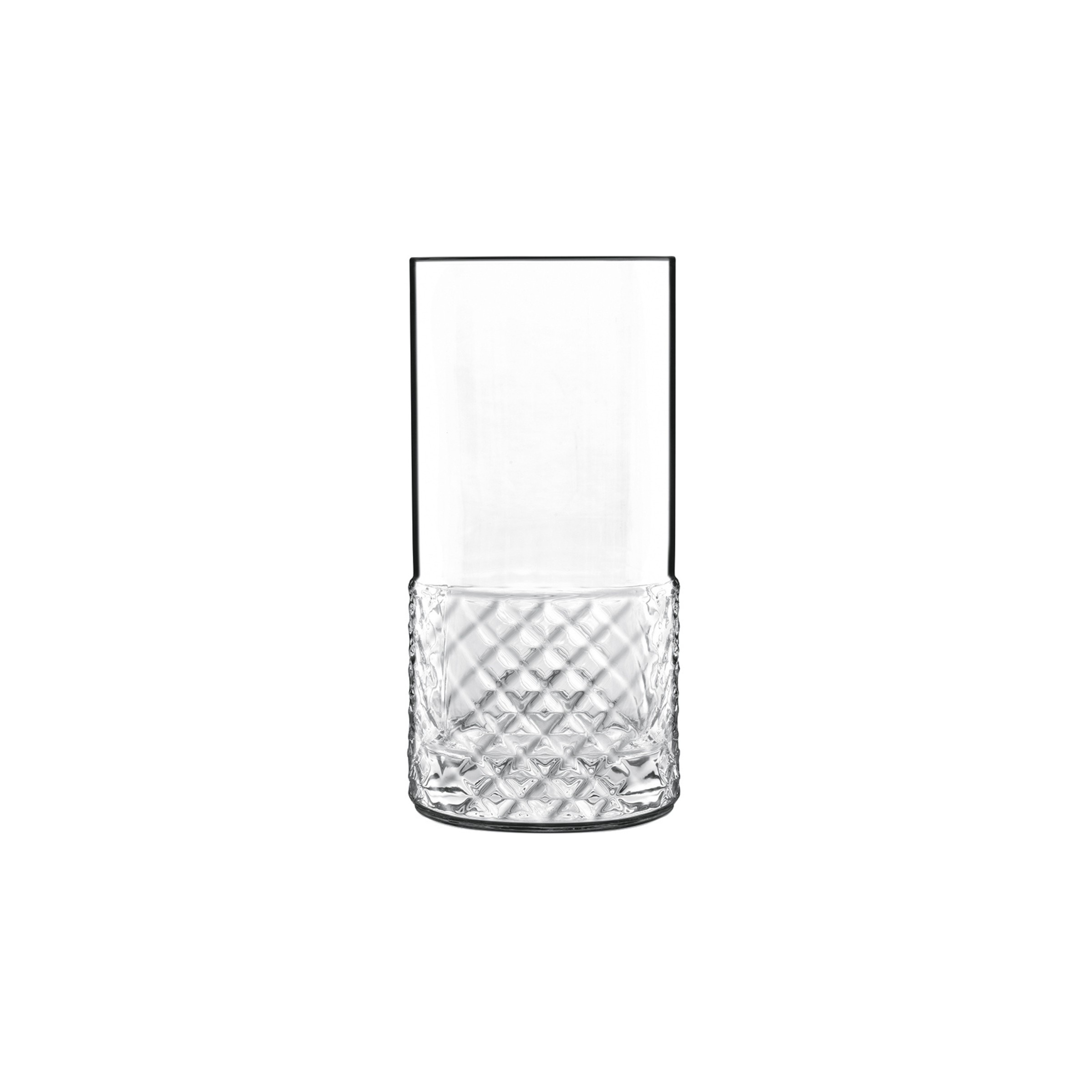 A clear Roma 1960 Highball glass by Luigi Bormioli on a white background