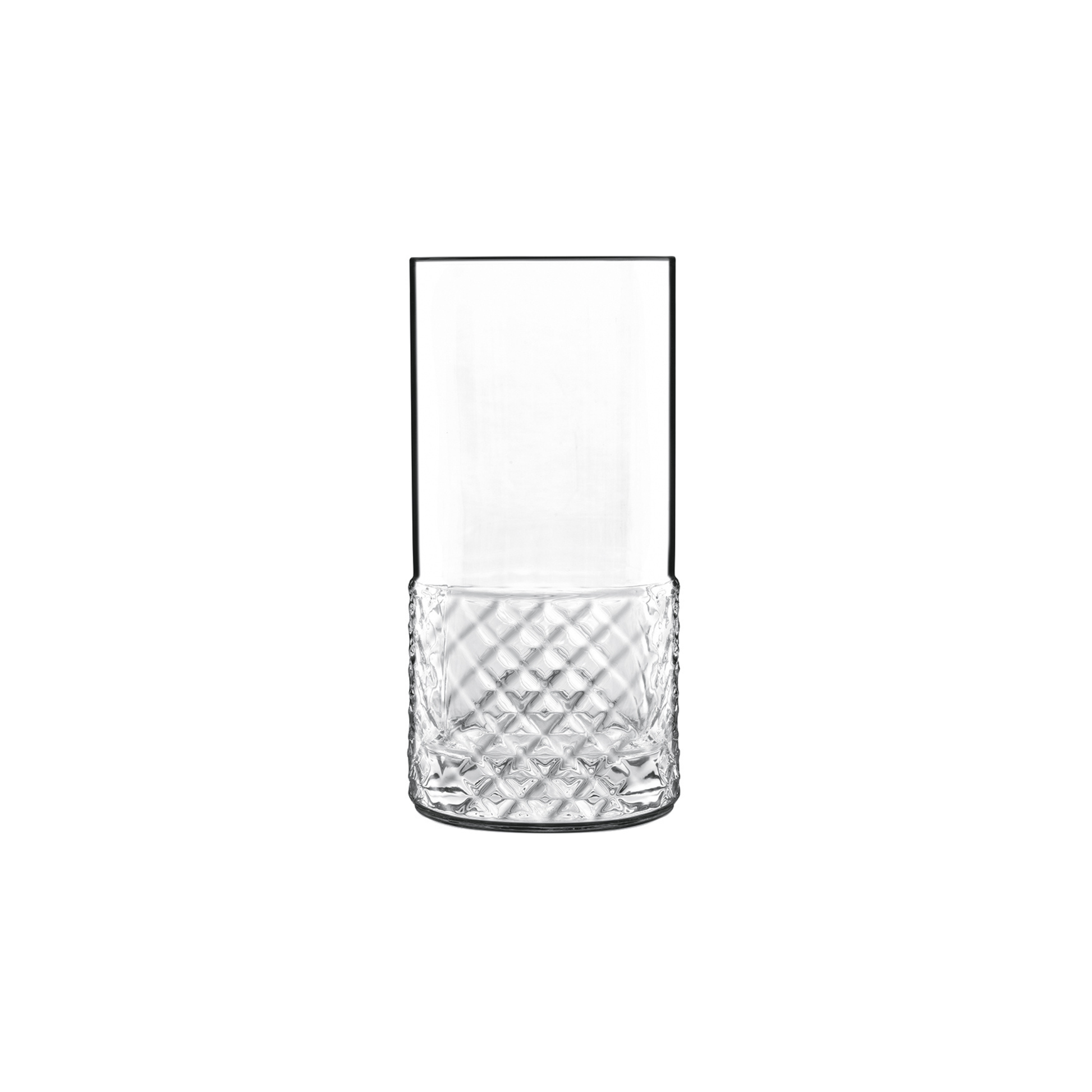 A clear Roma 1960 Highball glass by Luigi Bormioli on a white background