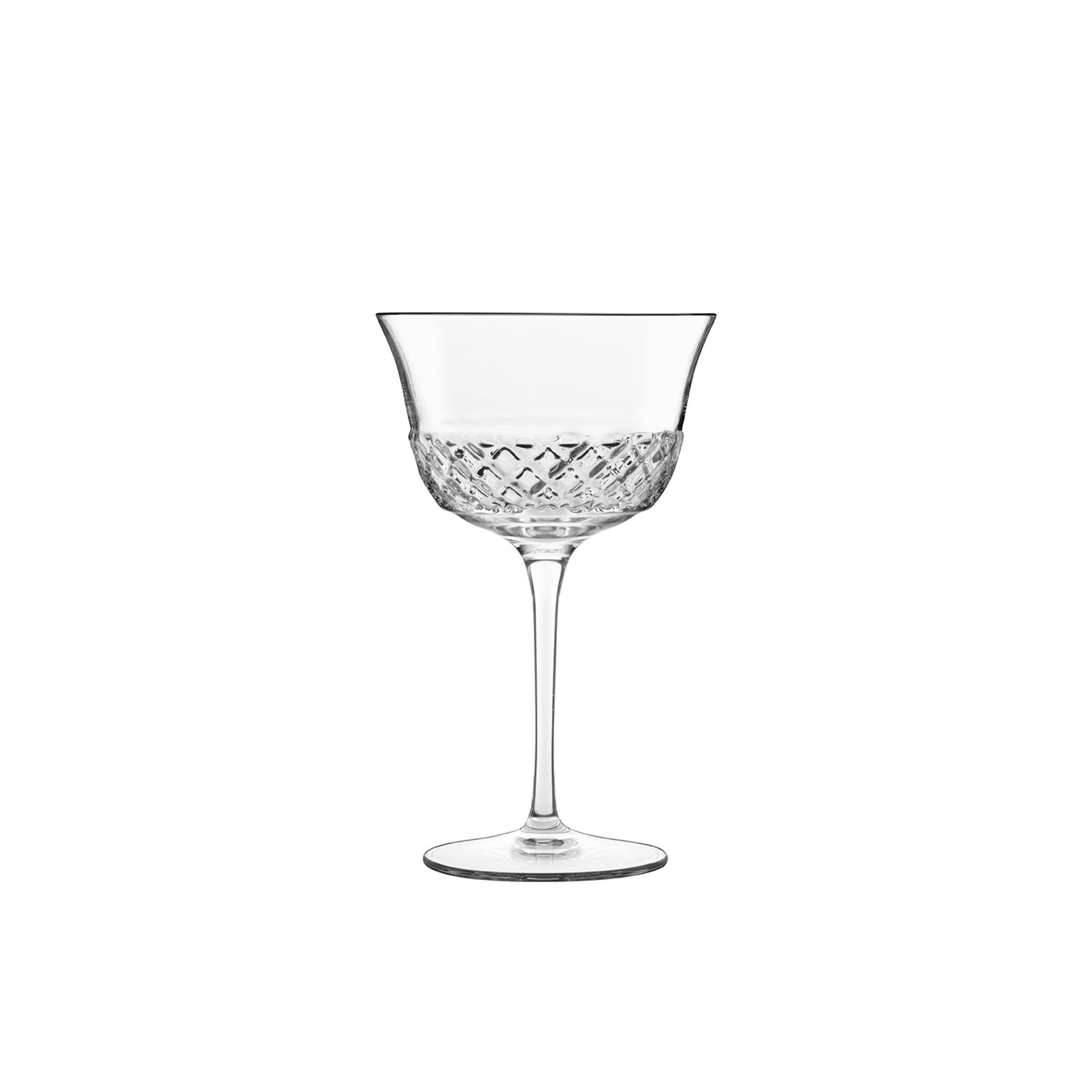 A clear Roma 1960 Fizz glass by Luigi Bormioli on a white background