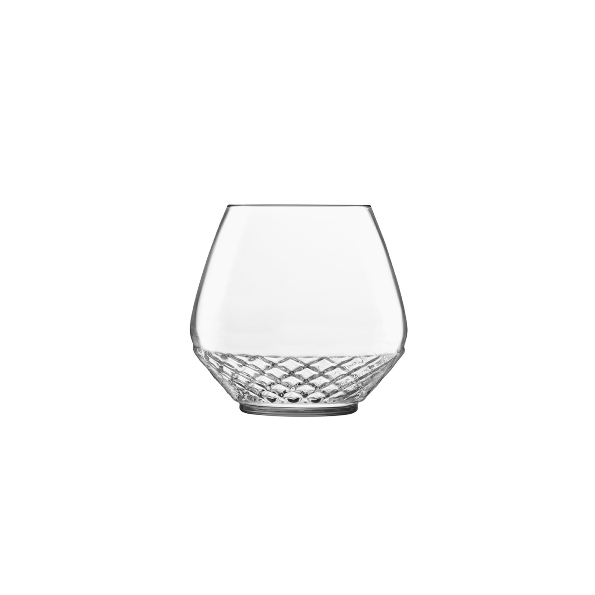 A clear Roma 1960 Rum glass by Luigi Bormioli on a white background