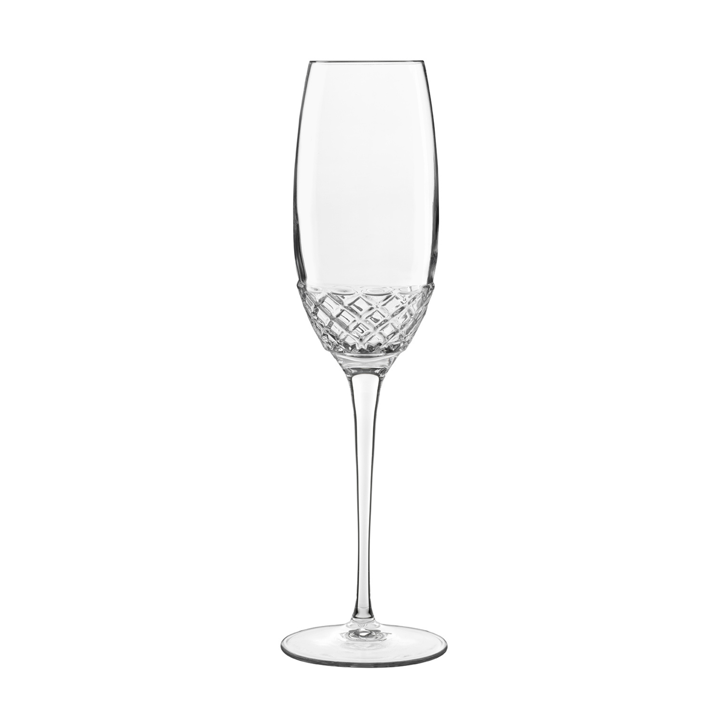 A clear Roma 1960 Flute glass by Luigi Bormioli on a white background