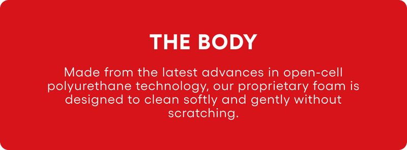 Red background with white text about open-cell polyurethane foam