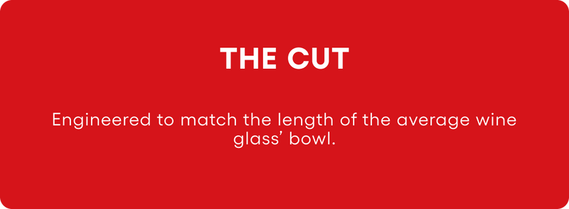 Red background with 'THE CUT' branding and text about wine glass compatibility.