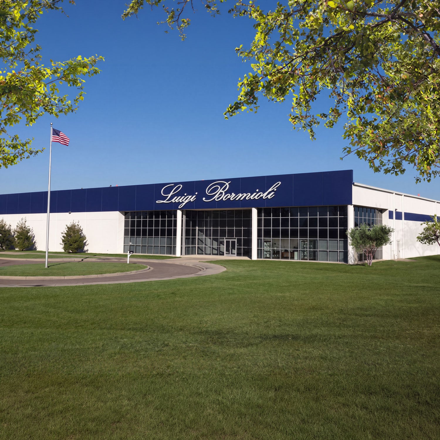 Factory building with 'Luigi Bormioli' branding under a clear blue sky.