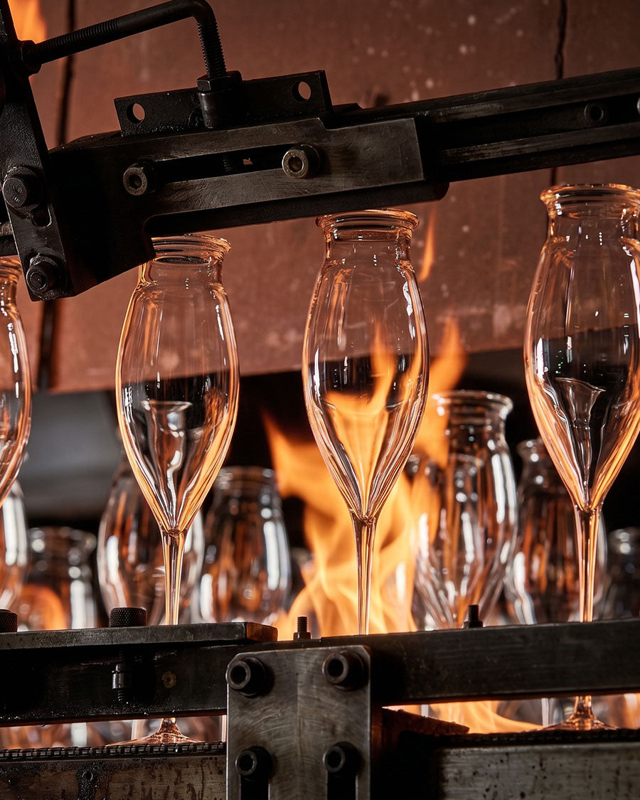 Glassblowing process with molten glass being shaped into wine glasses.
