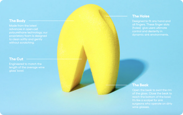 Yellow wine glass cleaner with labeled features on a blue background