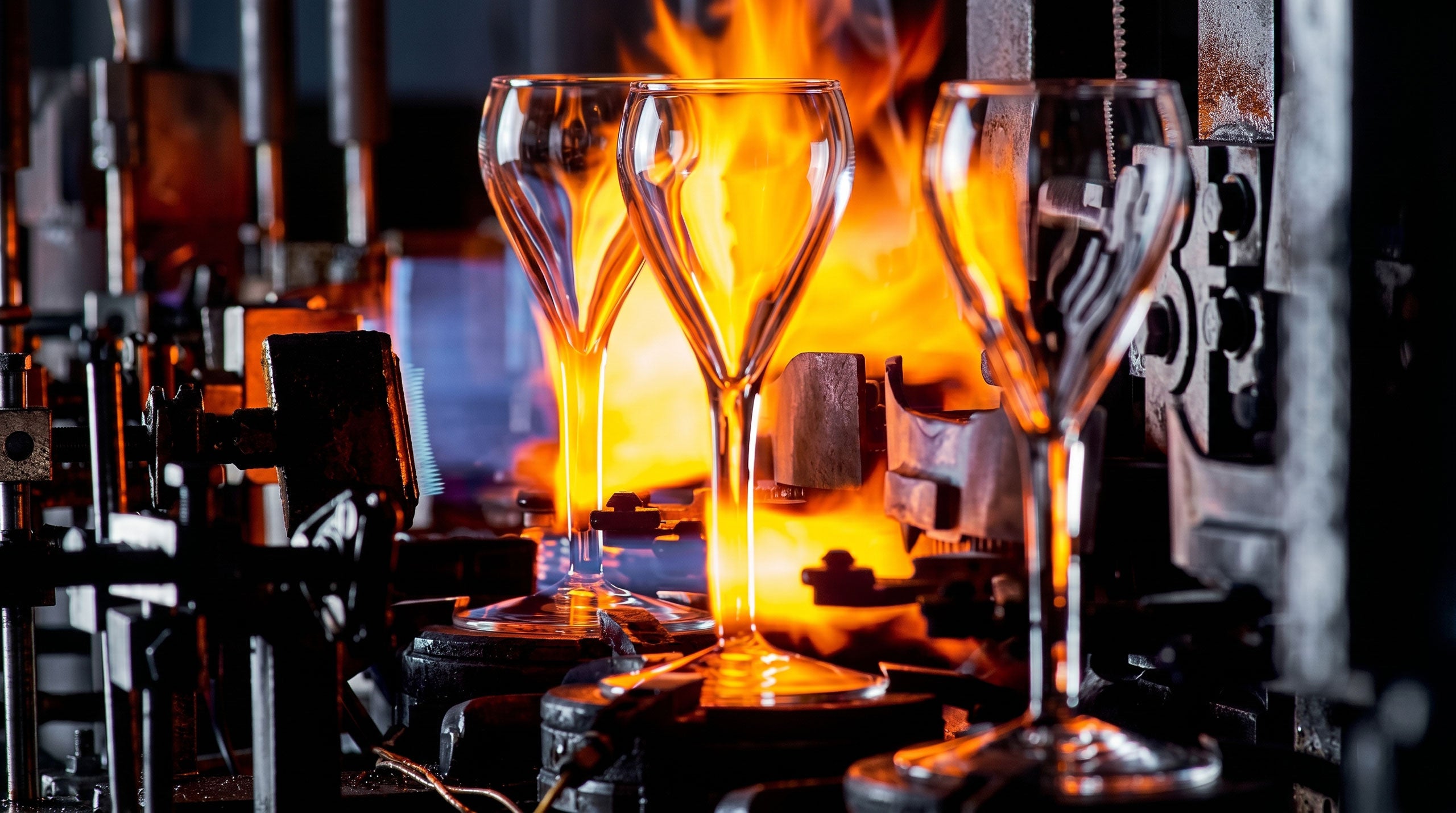 Glassblowing process with molten glass being shaped into wine glasses.