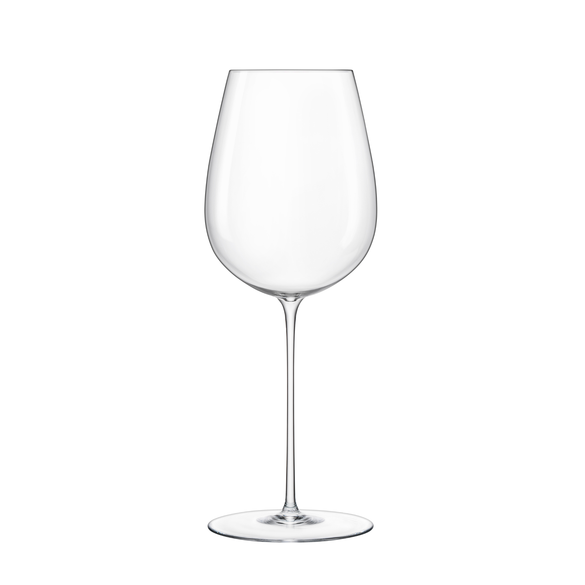 A clear Sapientia Bordeaux glass by Luigi Bormioli on a white background