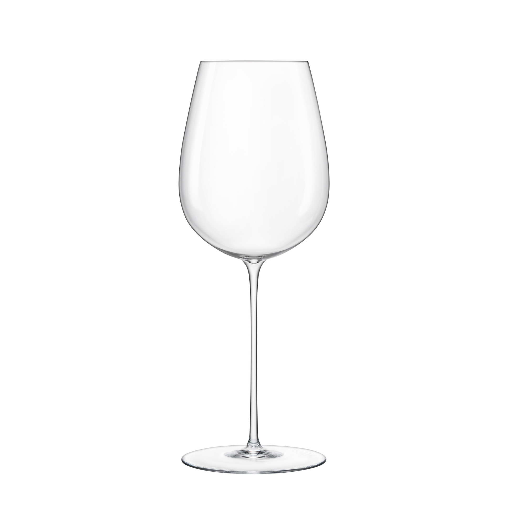 A clear Sapientia Bordeaux glass by Luigi Bormioli on a white background