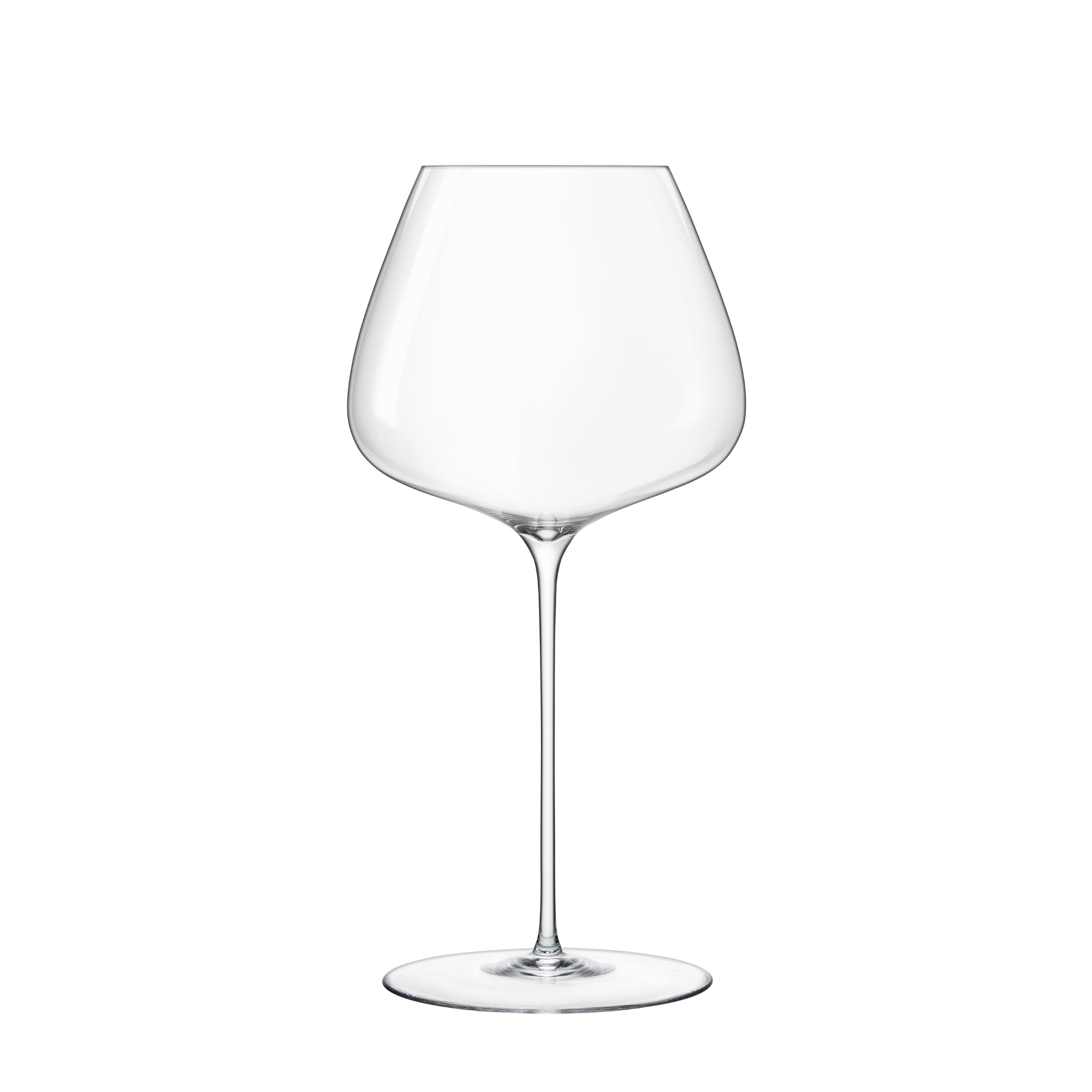 A clear Sapientia Burgundy glass by Luigi Bormioli on a white background