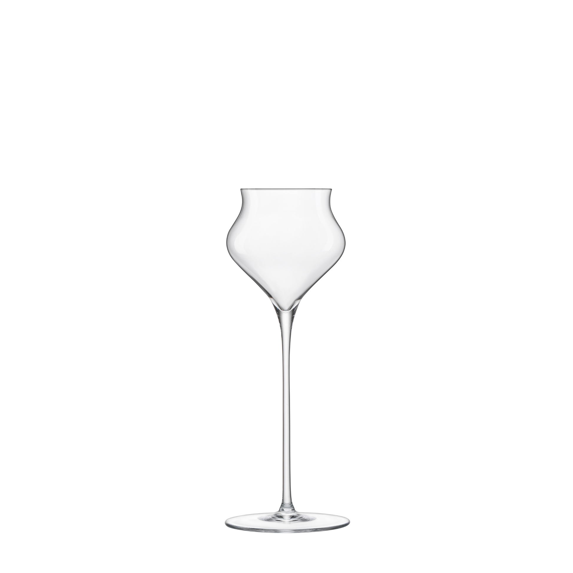 A clear Sapientia Spirits glass by Luigi Bormioli on a white background
