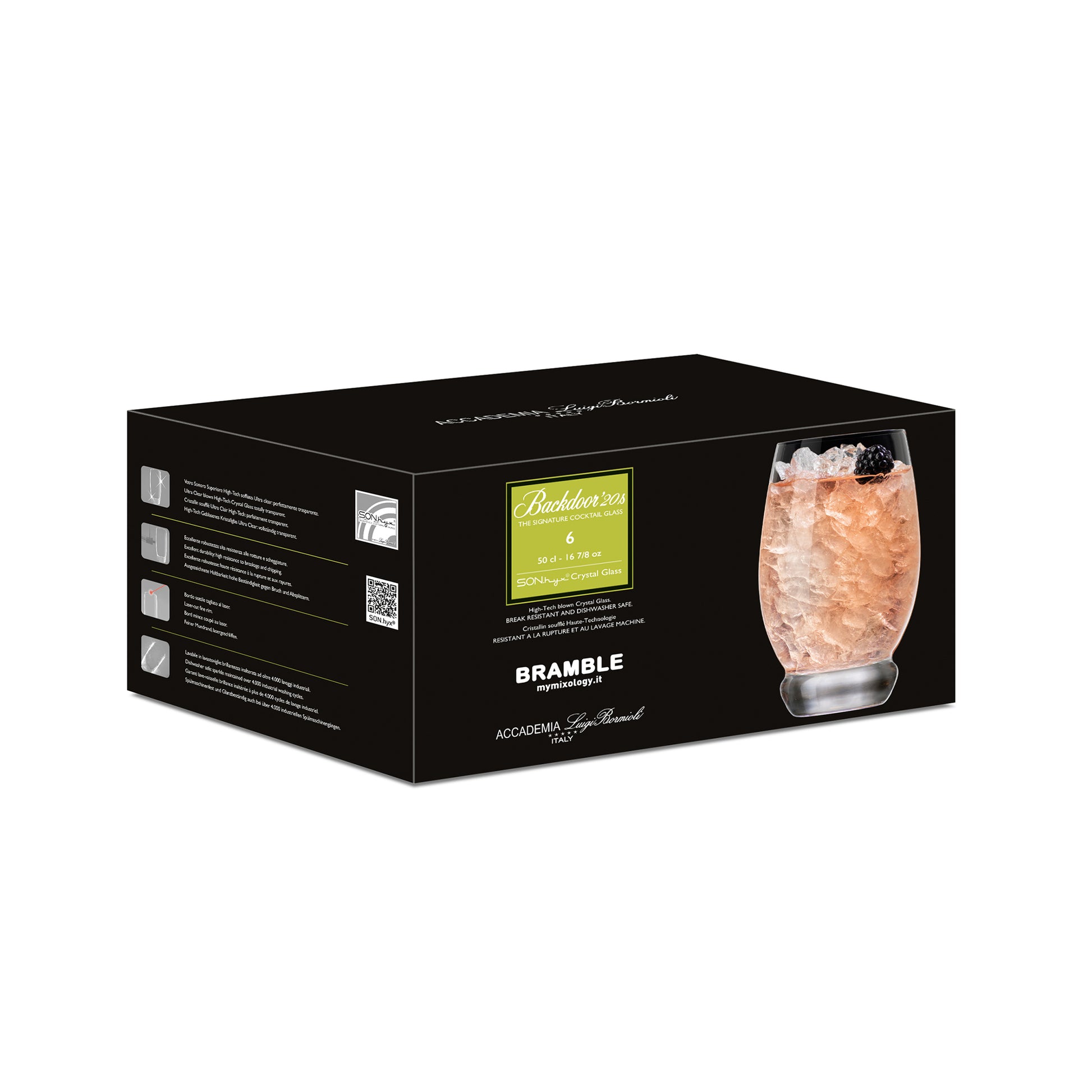 Black packaging box of Backdoor '20s Bramble glasses on a white background