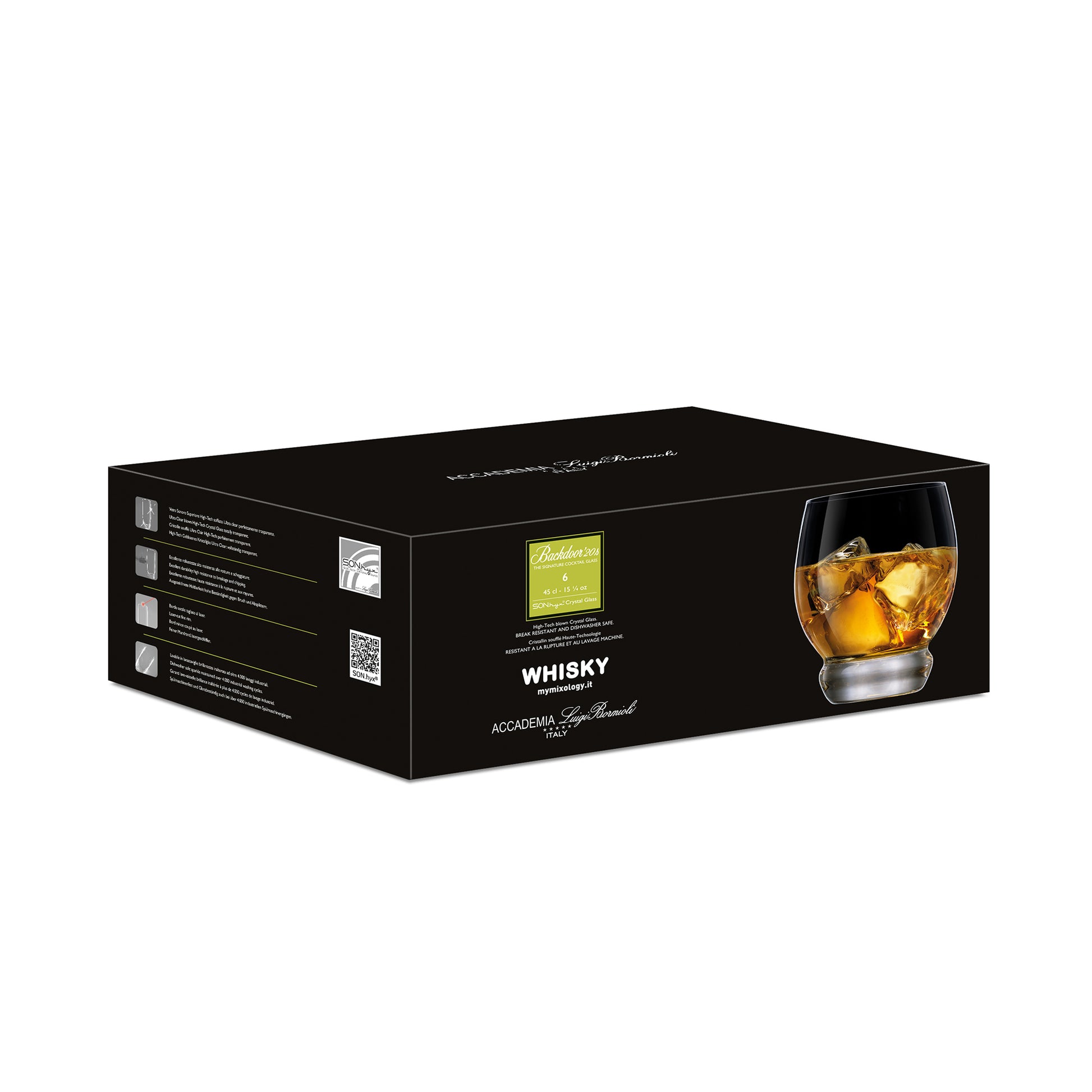 Black packaging box of Backdoor '20s whisky glasses on a white background