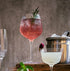 Gin & Tonic Old Tom Gin glass filled with burgundy cocktail and garnished with rosemary standing on a wooden surface, metal ice bucket and other basses in the background