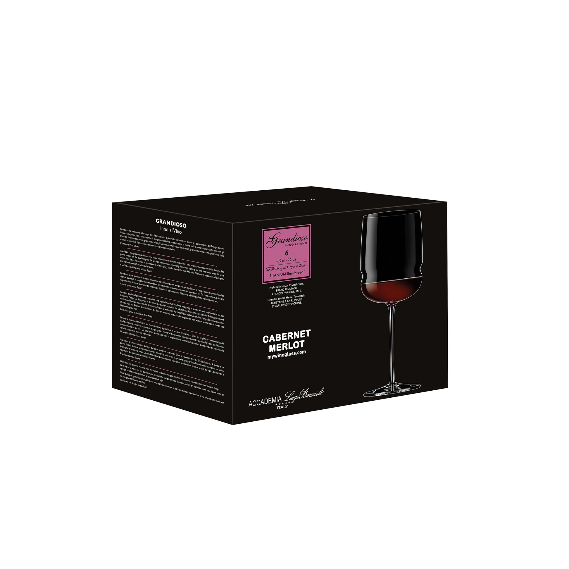 A black packaging box of Grandioso Merlot glasses on a white background