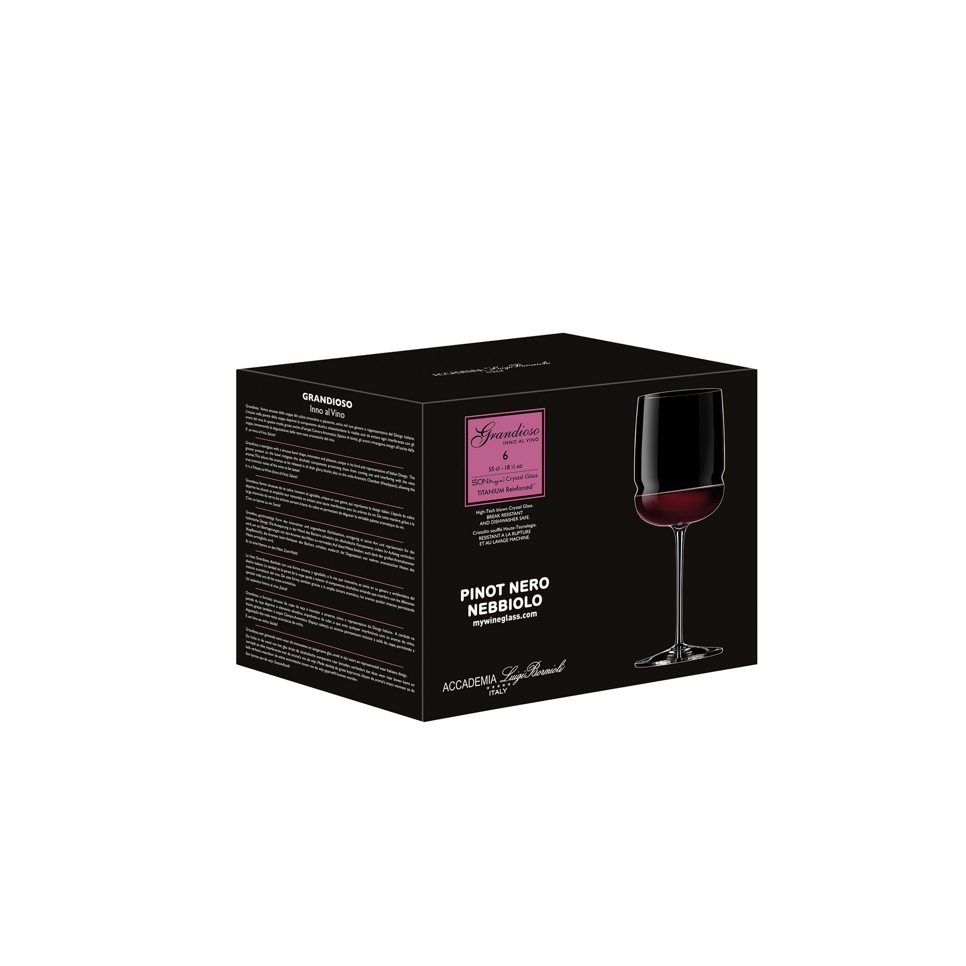 A black packaging box of Grandioso Pinot Nero on a white background