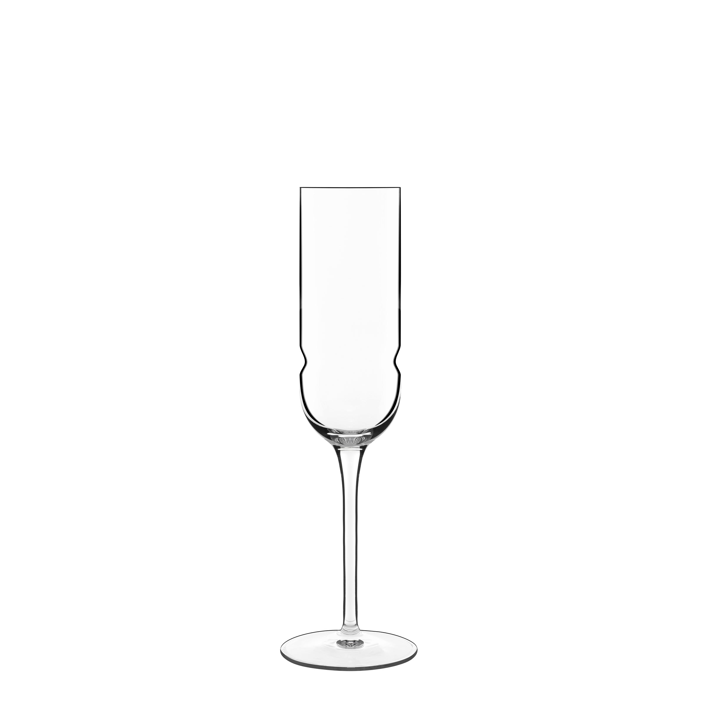 A single clear Grandioso champagne flute with a long stem, designed for serving sparkling wine made from high-tech crystal glass on a white background.