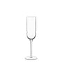 A single clear Grandioso champagne flute with a long stem, designed for serving sparkling wine made from high-tech crystal glass on a white background.